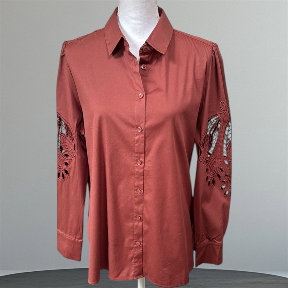 Chico’s Embroidered Poplin Brown Button Down Blouse size 2.5(14 L)